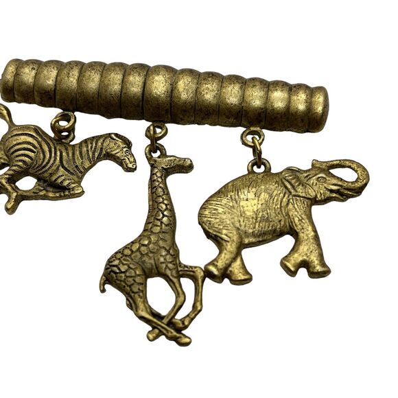 Safari Animal Pin Bar Brooch Vintage Gold Tone Dangling Elephant Giraffe Zebra - Picture 5 of 16